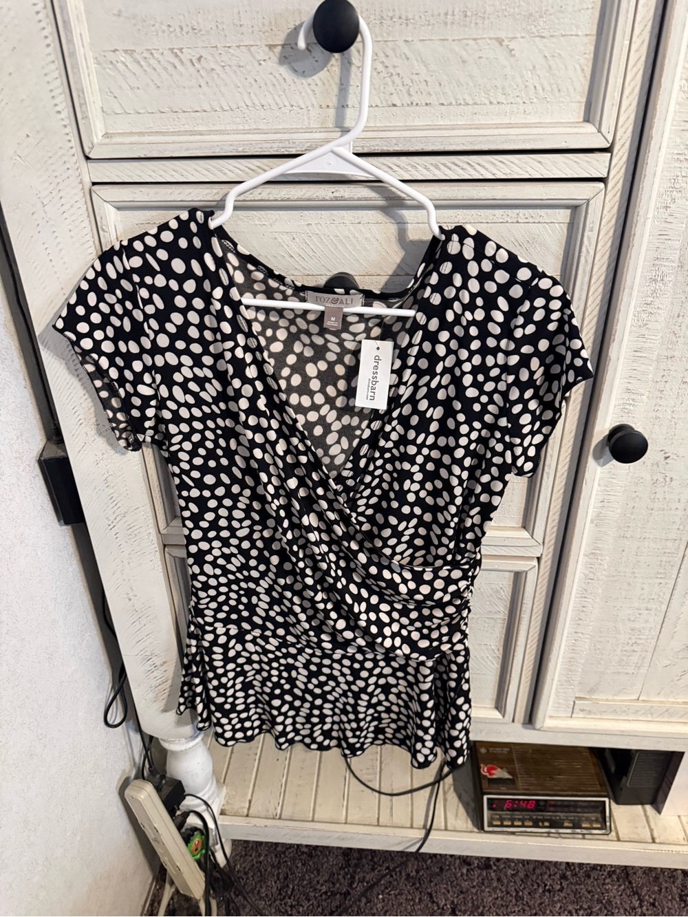 Roz & Ali Black and White Polka Dot Faux-Wrap Blouse
